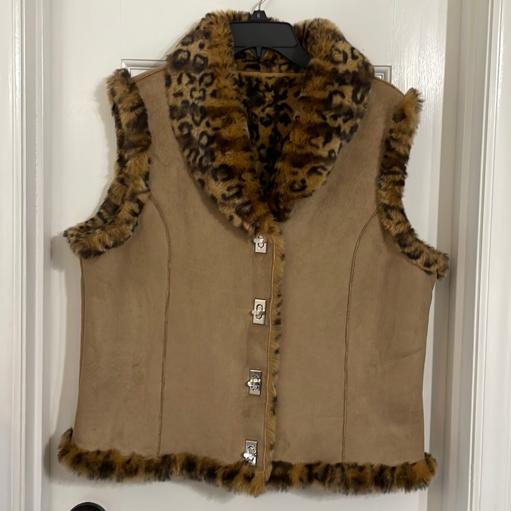 Faux Fur and Faux Suede Animal Print Button Up Vest